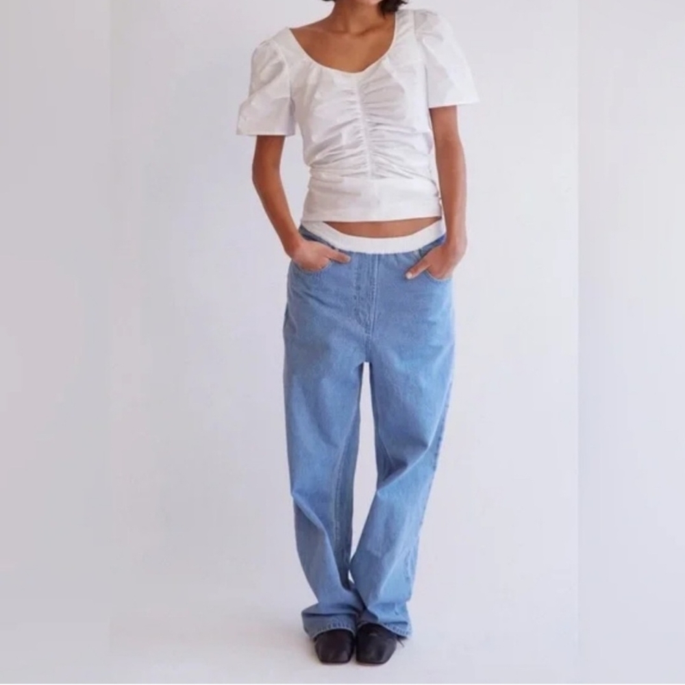 NWT Thakoon Smocked Waist Wide Leg High Rise Light Blue Denim Jeans size 6